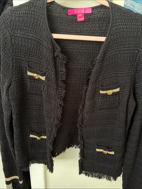 Lilly Pulitzer Sweaters - Lilly Pulitzer Black Fringe Knit Cardigan with Gold Buttons